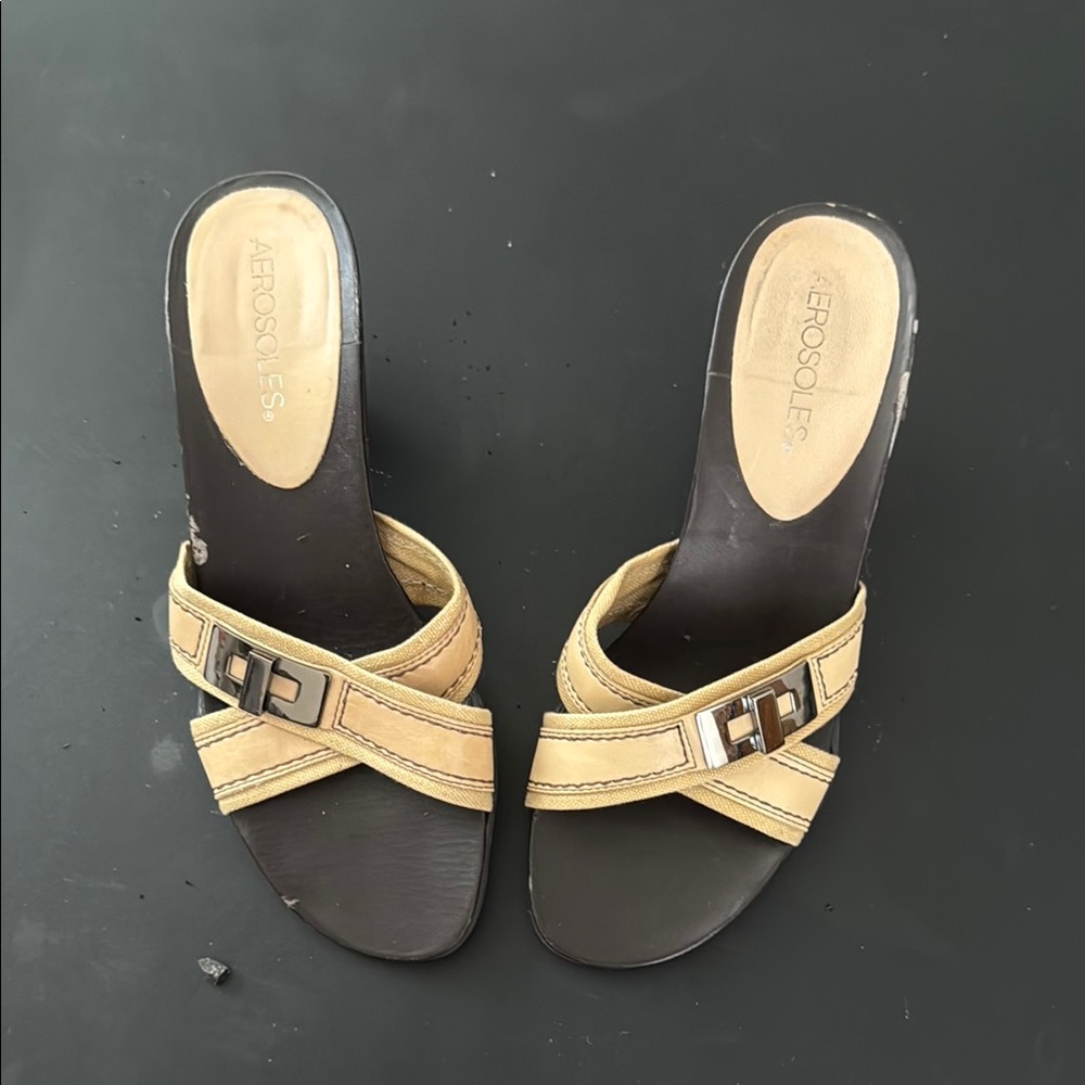AEROSOLES Tan Slide Sandals with Crisscross Straps